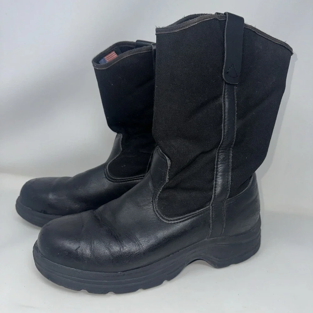 Thorogood USA Mens 9 Black Leather Canvas Pull On Safety Toe Work Boots Roper